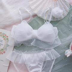 Japanese Bras Lolita Girls Folds Bow Lovely Underwear Set Mesh Sweet Rimless