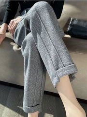 Straight Pants Women' S Pants Loose Casual Herringbone Warm Thickened Cropped Pants