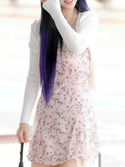 French style Summer Light Pink Flower Print Wood ears Slash Collar Mini Dress