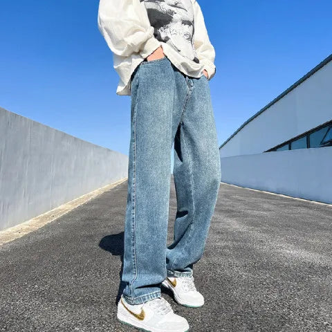 Men's Denim Wide-leg Pants Korean Style Straight Loose Jeans Street Hip-hop