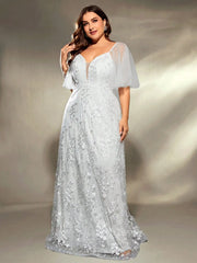 Mgiacy plus size V-neck gauze large trumpet sleeve patchwork embroidered lace
