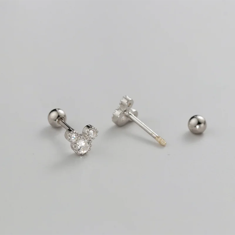 WANTME 925 Sterling Silver Fashion Cute Cartoon Mouse Screw Bead Stud Earrings for Women Simple Chic Girl Party Jewelry Gifts