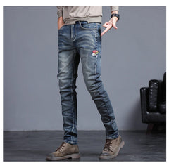 Embroidered Jeans Men's Autumn Winter New Korean Fashion Slim Little Feet Trousers