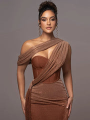 Evening Dresses: One Shoulder Draped Glitter Long Dress Women Brown