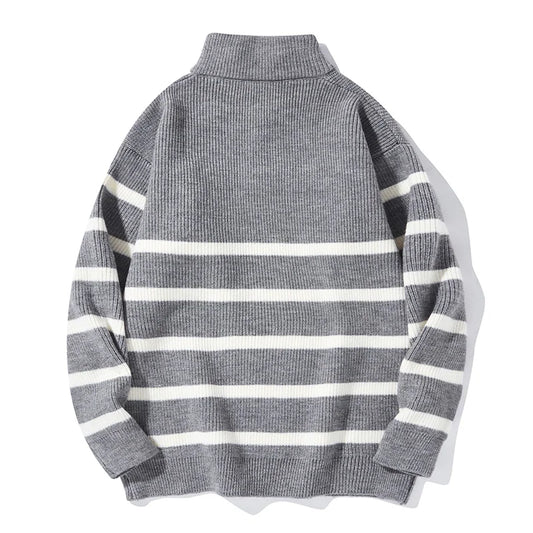 Half high collar sweater for men with black and white striped knit bottom