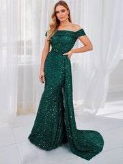 Evening wear Dresses: Elegant Navy Blue Off Shoulder Bridesmaid Dress
