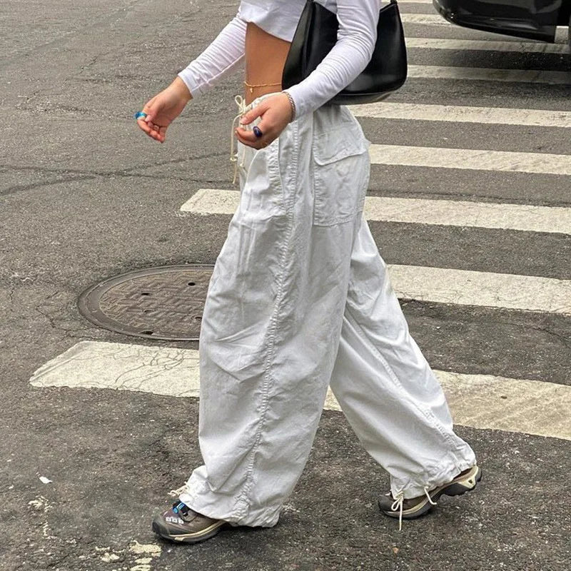 Spice Girls' Casual Baggy Wide Leg Sweatpants White Loose Drawstring Low