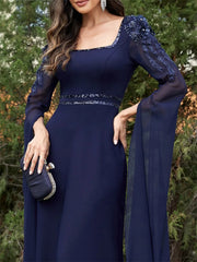 Homecoming Dresses: Chiffon Long Sleeves Navy Evening Dress Cocktail Dress Gown