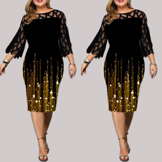 Women Plus Size Dress Hollow Out Lace Stitching Slim Hips Wrapped Dress Ladies