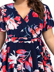 Plus Size Floral Print Cinched Waist Dress, Elegant Short Sleeve Dress