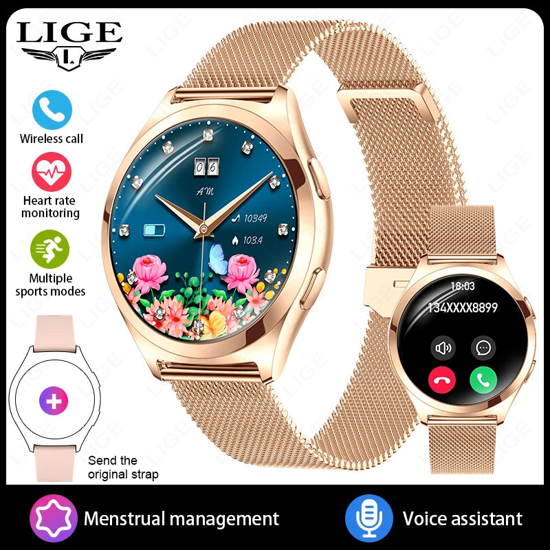 LIGE Luxury 1.27" HD Screen Smart Watch Women Waterproof Bluetooth Call Women’s Bracelet Sports Health Monitor Ladies Smartwatch