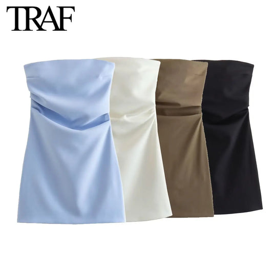 Evening Dresses: Women Fashion Back Zipper Solid Color Pleated Strapless Mini Dress