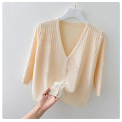 Fashion Women Solid Knitted Sweaters Coats Spring Summer Half Sleeve V-neck