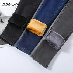 Women Thick Velvet Jeans Fleece Warm Korean Fashion High Waist Skinny Elastic Pants