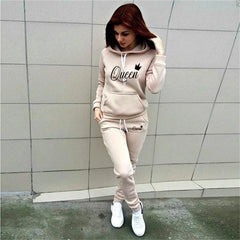 Women's 2-piece QUEEN print sports suit sportswear jogging suit women's hooded