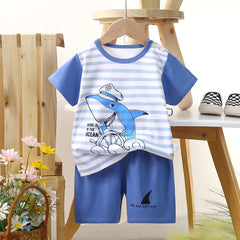 Summer Boys Sets Baby Thin Suit Children Lapel Striped Top Solid Shorts Two-Piece New Baby Fashion Casual Outfit 12M-5 Years Old