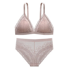 Women Lace Bra Set Deep V Bralette Low Waist Panties Seamless Underwear