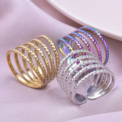 1Pc Stainless Steel Women Personality Textured Chunky Open Rings Punk Hammered