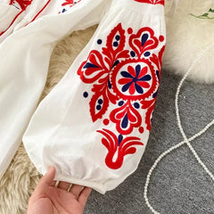 Bohemian Dress for Women O-neck Floral Embroidery Lantern Sleeve
