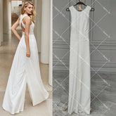 White Bridesmaid Dresses: Wedding Jumpsuit Wide Legs Round Neck Sleeveless Plus Size