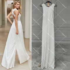 White Bridesmaid Dresses: Wedding Jumpsuit Wide Legs Round Neck Sleeveless Plus Size