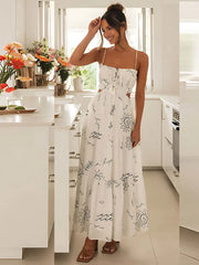 Evening Dresses: White Graffiti Print Sweet Hollow Out V Neck Tassel Sleeveless
