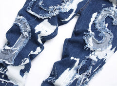 Men's Perforated Jeans 3D Inner Embroidery Zipper Bleached Slim Fit Pantyhose