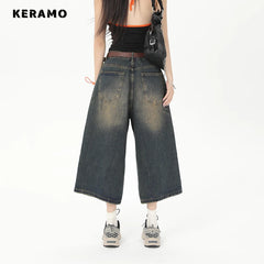 Vintage Streetwear Women Jeans 2024 Summer Loose Male Wide Leg Knee Length Shorts