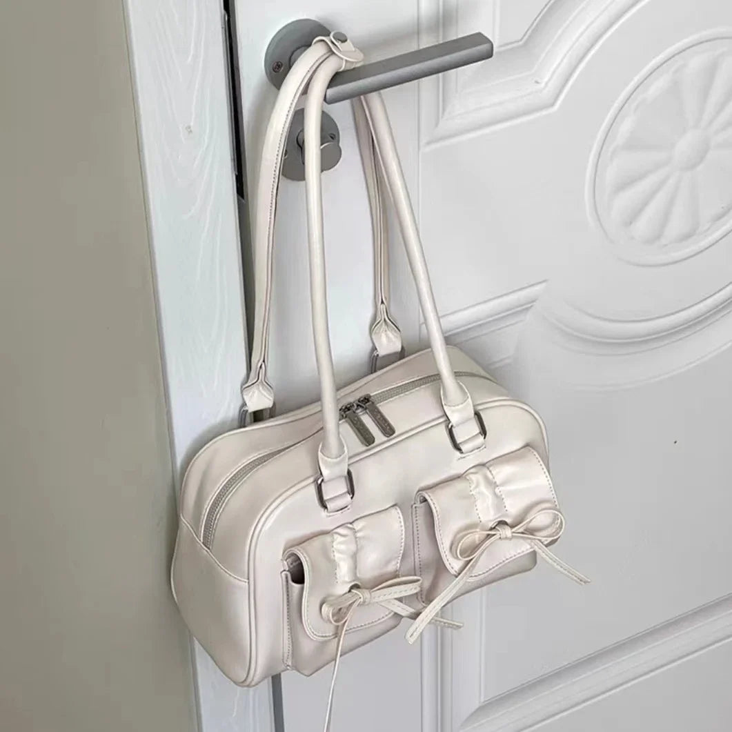 Silver Pleated Womens Shoulder Bag Elegant Gentle Korean Fashion Leather