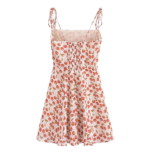 Vintage Cherry Print Sling Dress Women Spaghetti Strap