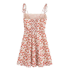 Vintage Cherry Print Sling Dress Women Spaghetti Strap
