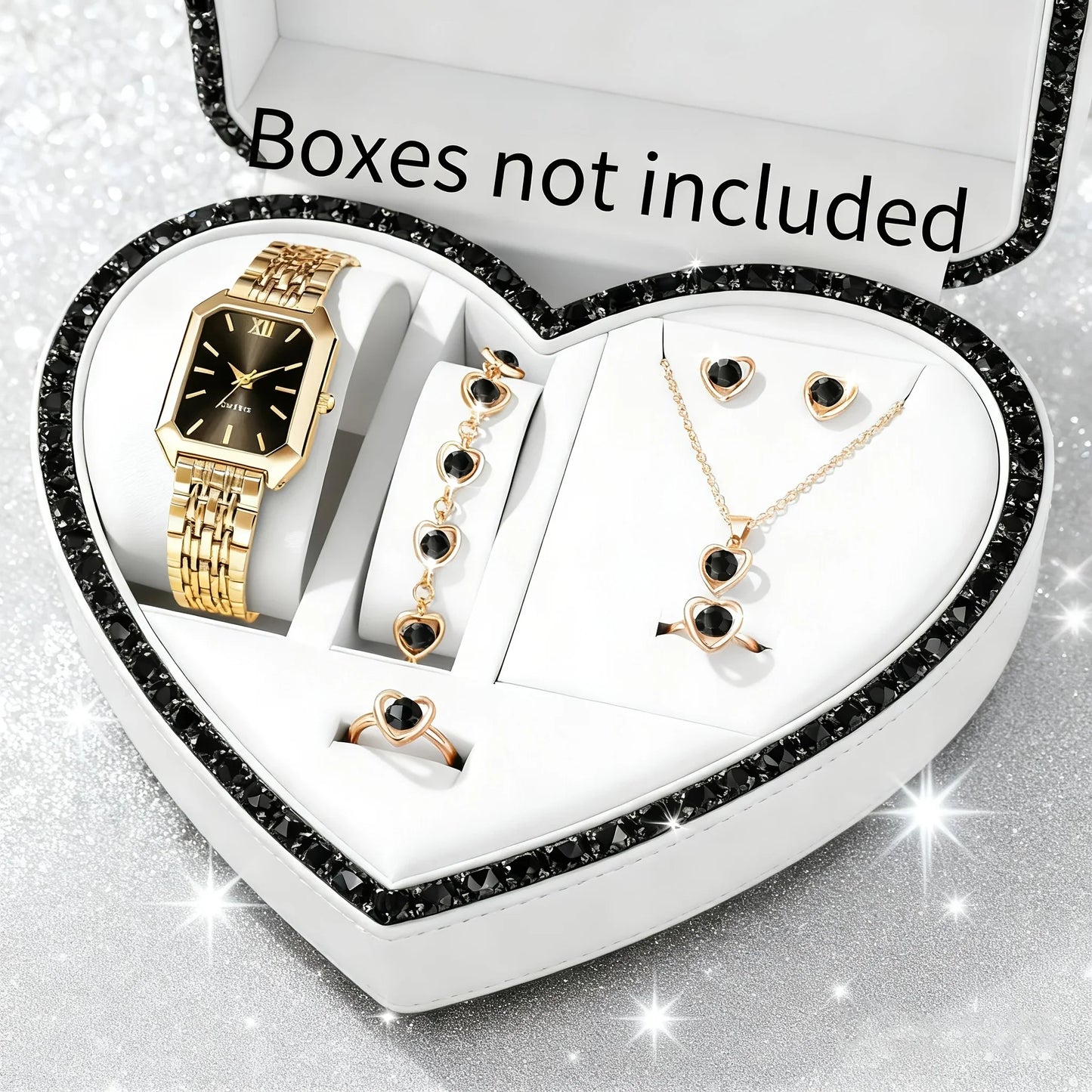 6pcs Elegant Rectangle Women Watches Heart Pendant Jewelry Set Ladies Quartz Wristwatch Reloj Mujer(Without Box)