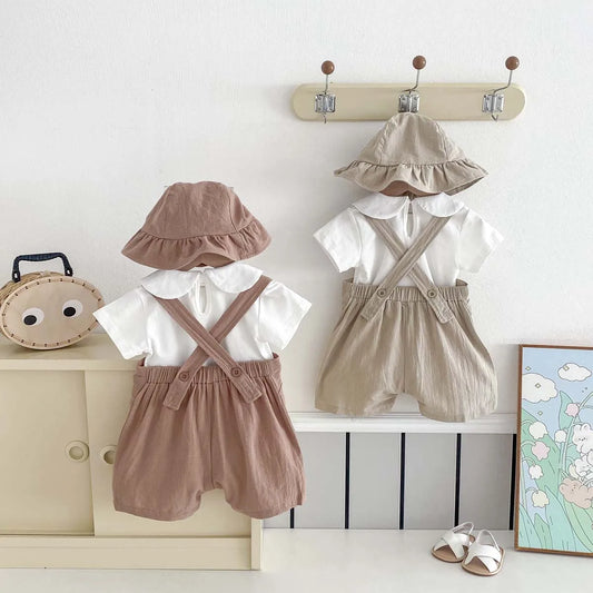 Summer baby basic simple solid color suspenders white doll collar short sleeve jacket suit, summer boys casual cute suit, suspen