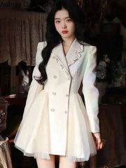 Korean Elegant Mini White Dress Women Vintage Chic Bow Mesh Design
