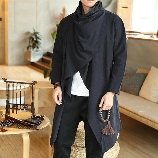Men Retro Jackets Trench Windbreaker Solid Scarf Collar Casual Irregular Long Sleeve