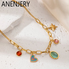 316L Stainless Steel Colorful Stone Heart Star Pendant Necklace For Women