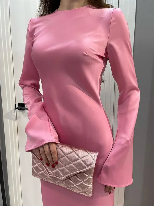 Tossy Satin Fashion Slim Maxi Dress For Women Long Sleeve High Waist