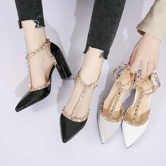 Shoes High Heels T Strap Rivet Pumps chunky Heels Sandal