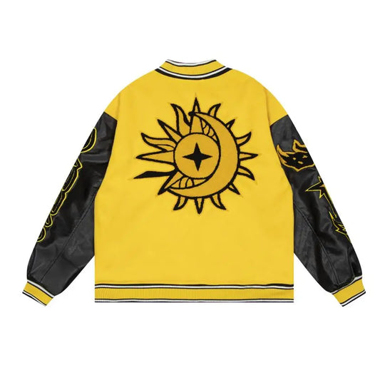 Men Flame Bomber Jacket American Vintage Patchwork Leather Letter Embroidery