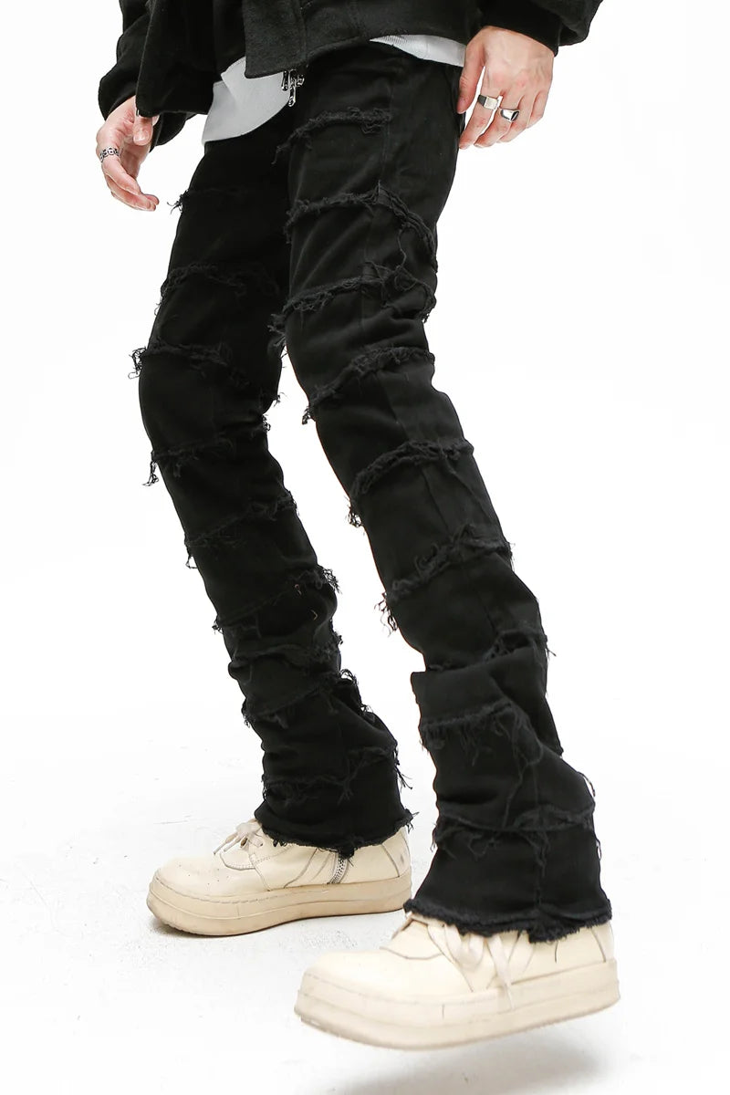 Waxed Jeans Mens High Street Retro Straight Ripped Pencil Pants Oversize