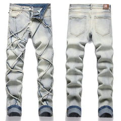 Men's Perforated Jeans 3D Inner Embroidery Zipper Bleached Slim Fit Pantyhose