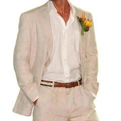 Wedding Linen Beige Single Breasted Notch Lapel Men Suits Casual