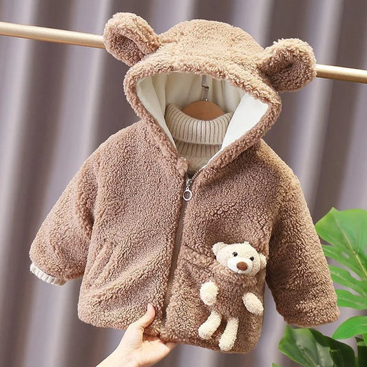 Baby Boy Jacket Winter Thicken Warm Hooded Children's Outerwear Cute Bear Plush Coat