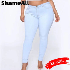 Plus Size Super Thin White Blue Stretch Skinny Pencil Jeans High Waist 5XL Slim Fit Jeans