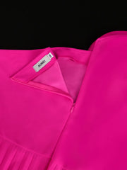 Pleated Party Dress Women Elegant Hot Pink Flower One Shoulder Midi Robes