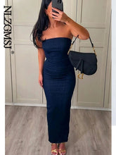 Evening Dresses: Strapless Backless Zipper Split Dress Party Blue Denim Female