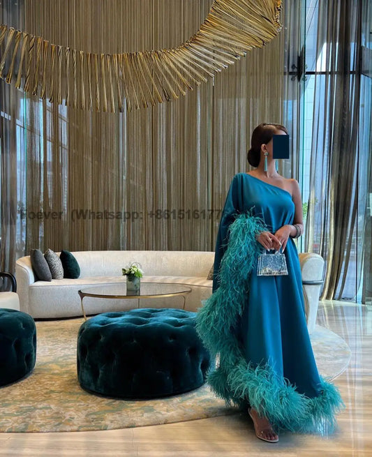 Homecoming Dresses: Green Feathers Satin Evening Dresses Formal Party Prom Gowns