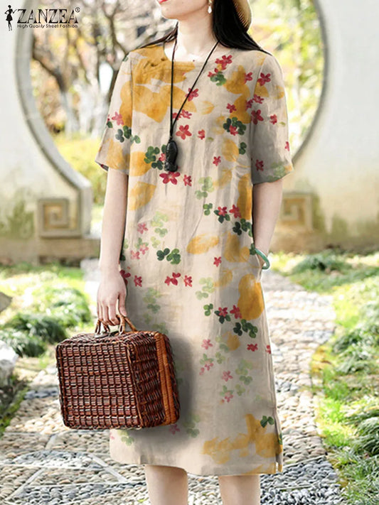 Evening wear Dresses: Vintage Short Sleeve Floral Dress Women