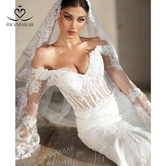 White Bridesmaid Dresses: Long Sleeve Wedding Dress Appliques Beaded Mermaid