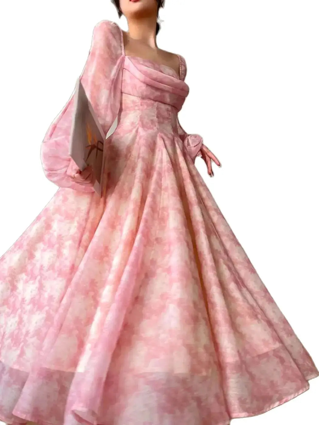 Formal attire Dresses: Pink Floral Elegant Woman Long Sleeve Chiffon Casual Midi Dress